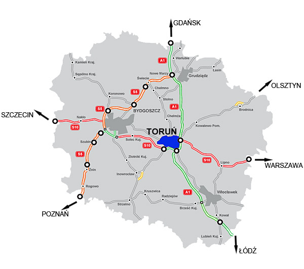 Mapa głównych dróg województwa kujawsko-pomorskiego